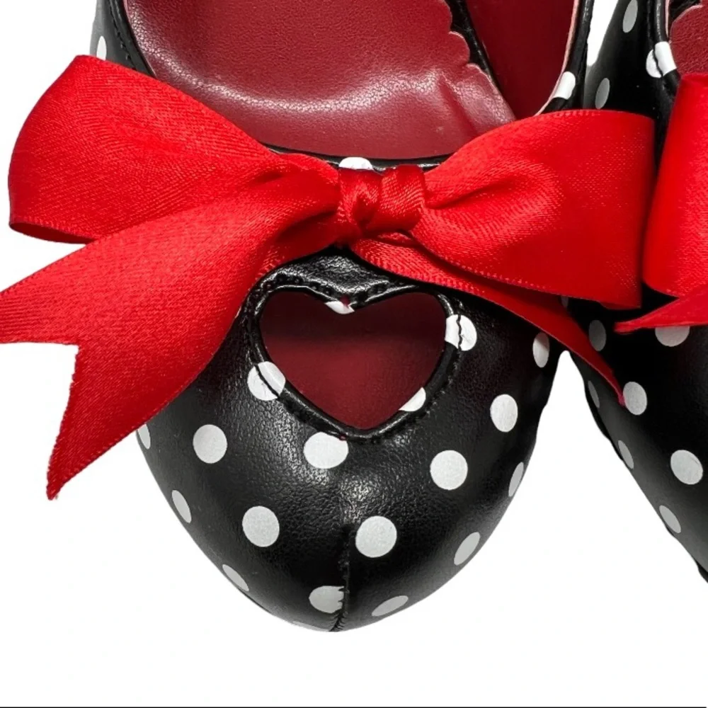 Pinup Couture Cutiepie 06 Heels Size 9 Black Polka Dot Red Bow Heart Cutout Toe - Picture 4 of 11